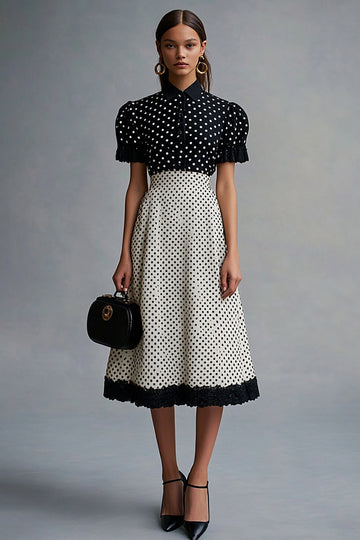 Vintage Ruffled Jakkeslag Hals Svart Hvit Polka Dots Kjole